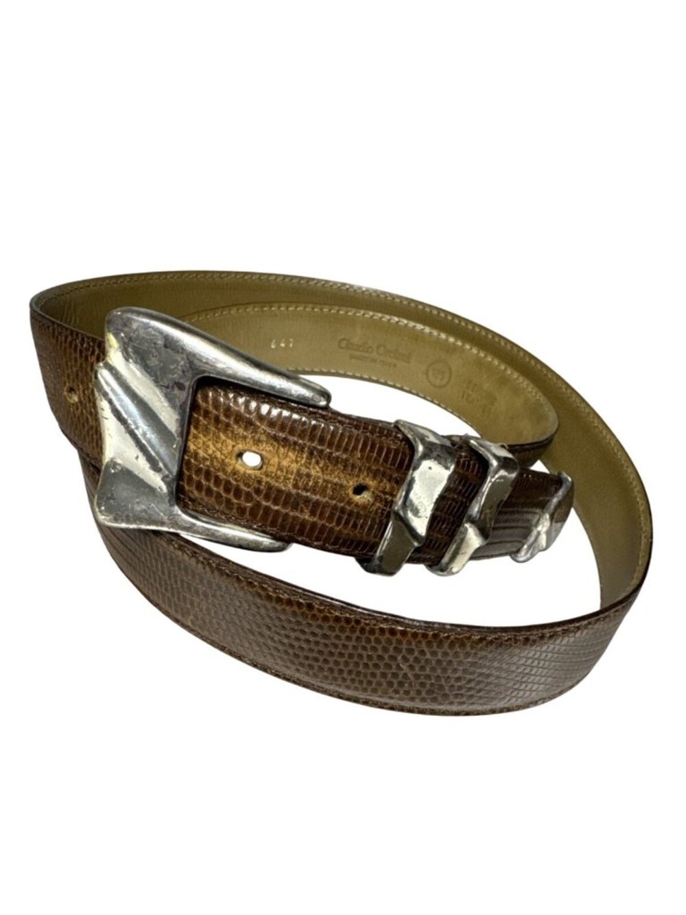 Claudio Orciani Brown Genuine Leather Belt W/Snake Print & Silver Buckle Design